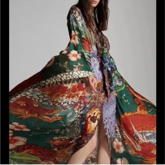 Bohemian Colorful Peacock Dragon Kimono Duster w/Sash Tie festival kaftan dress - Picture 2 of 8